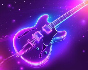 An illuminated electric guitar in vibrant neon colors floating in a cosmic background.