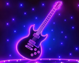 A vibrant neon outline of a sleek electric guitar with glowing purple and blue lights, creating a dynamic musical atmosphere.