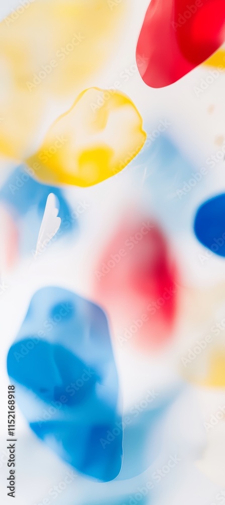 Poster Colorful ink blobs are gently floating and mixing in a white liquid, creating a vibrant and abstract composition with a dreamy, ethereal quality
