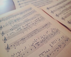Close-up of vintage sheet music, showcasing intricate notes and symbols, evoking a nostalgic musical ambiance.