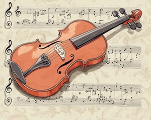 Fototapeta premium A beautifully illustrated violin rests on vintage sheet music, showcasing its elegant curves and warm wood tones.