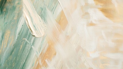 Green, gold, and white oil paint brushstrokes blend together on canvas, creating a dynamic textured abstract painting with visible thick impasto layers