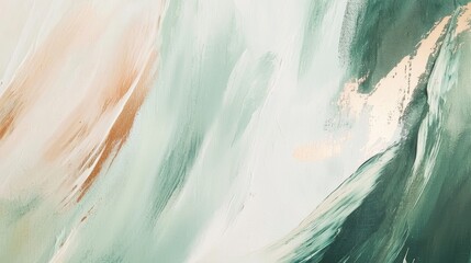 Obraz premium Green, gold, and white acrylic paint blend on canvas, creating a dynamic abstract painting with visible brushstrokes and a modern art aesthetic