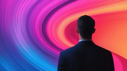 Employee surrounded by vibrant data streams, visualizing adaptability in a digitalfirst corporate strategy, emphasizing agility
