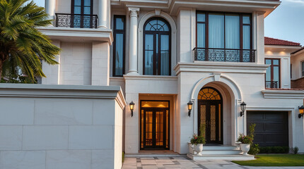 Obraz premium A beige, multi-story house with classical architectural features. Large windows, arched entryways, and a prominent double door are visible. Landscaping includes a palm tree and potted plants.