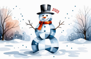 Naklejka premium Cheerful snowman with top hat and scarf in winter wonderland 2025