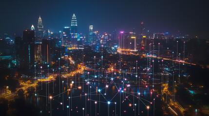 Fototapeta premium Abstract businesswoman stands on the peak of success Smart digital city with connection cyber security network reciprocity over the cityscape future wireless digital city and social media networking
