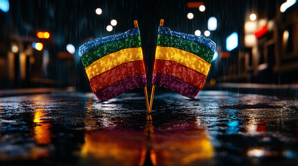 Vibrant rainbow flags stand proudly in rain, symbolizing pride and unity in colorful urban setting. reflections on wet pavement enhance celebratory atmosphere