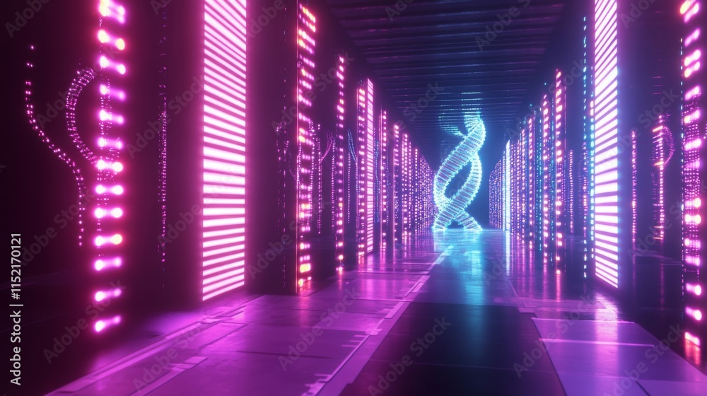 Poster a futuristic corridor features bright pink and blue lights illuminating vertical structures, creatin
