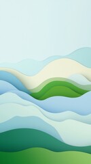 Obraz premium Abstract paper cut landscape forming wavy green hills and blue sky creating a serene and minimalist nature scene, ideal for backgrounds and environmental concepts