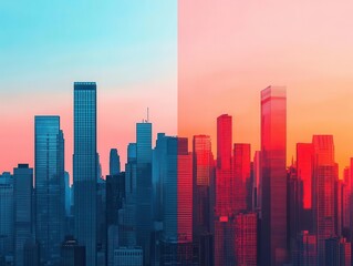 Fototapeta premium Dynamic urban skyline transitioning between day and night themes, symbolizing adaptability in citybased business environments