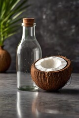 A creamy white coconut oil syrup poured into a delicate ornate glass bottle placed on a rustic wooden