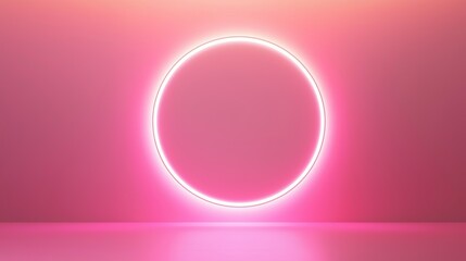 Fototapeta premium Glowing neon circle light bathes an empty room in a vibrant pink hue, creating a modern and stylish backdrop perfect for artistic expression and contemporary design