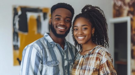 Obraz premium A young couple stands proudly in a modern living space, showcasing their excitement about their new real estate venture. The stylish decor enhances the atmosphere of joy and achievement.