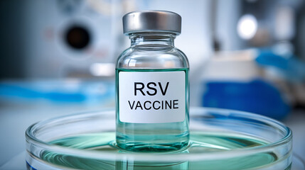 a vial labeled "RSV Vaccine" placed on a petri dish in a laboratory setting. 