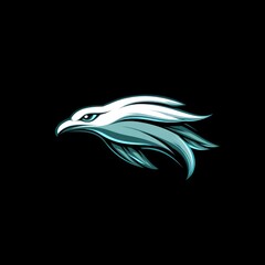 Fototapeta premium Abstract stylized teal and white eagle head design on black background.
