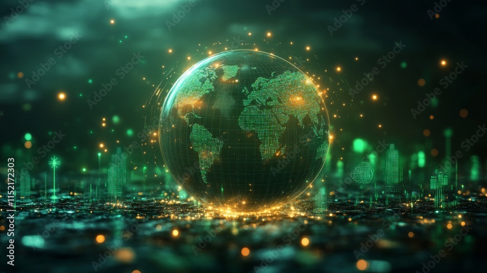 Poster a globe is displayed at the center, glowing with green light against a dark background.