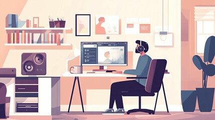 Person with headphones works at home computer.