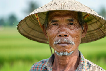 Fototapeta premium Generative AI Portrait of Male Farmer in Rural Environment with Agricultural Machines Ranch Harvesting Work