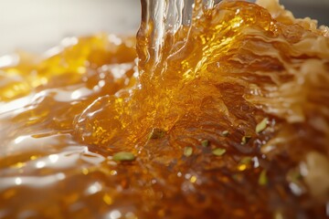 A close-up of golden syrup cascading over a textured surface.