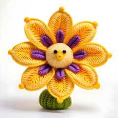 A knitted soft toy in the form of a beautiful flower, made of woolen threads in yellow and purple tones. White background.