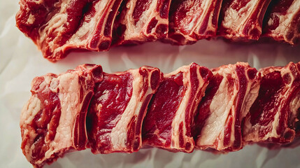 A detailed view of raw pork ribs, arranged neatly on a butchering table, with the rich red hue of the meat contrasting against a clean white background.