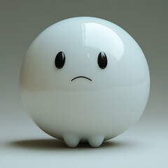 A minimalist, glossy white spherical character with a sad, subtle frown and shiny black oval eyes.
