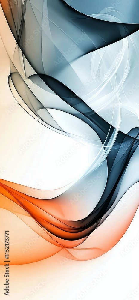 Poster Orange and blue translucent waves are flowing and creating a dynamic and elegant abstract composition on a white background, suitable for various design projects