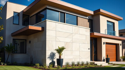 Modern two-story house with light beige stone facade, large windows, and a wooden garage door.  Landscaped lawn and planters in front.  Features a flat roof and clean lines.