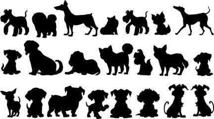 Obraz premium Dog Silhouettes vector, isolated black silhouette of a dog collection, A collection of cute dogs in different poses represented as black silhouettes highlighting their playful characteristics and vary
