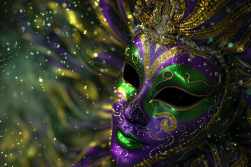 Naklejka premium A beautifully decorated figure wears a striking mask with purple, green, and gold hues. Colorful designs and sparkles enhance the festive atmosphere of the carnival celebration Mardi Gras