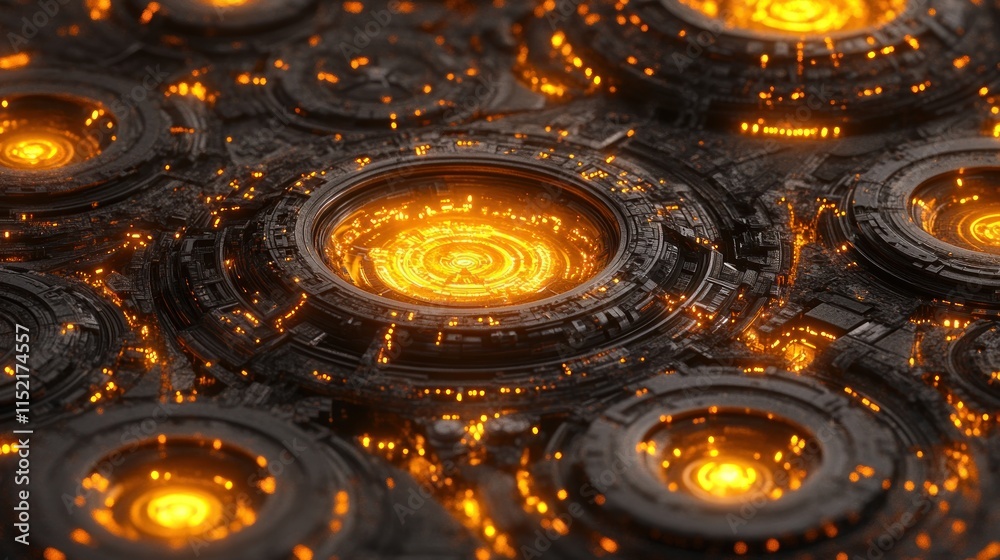 Poster abstract technological background with glowing orange circles and intricate dark metallic structures