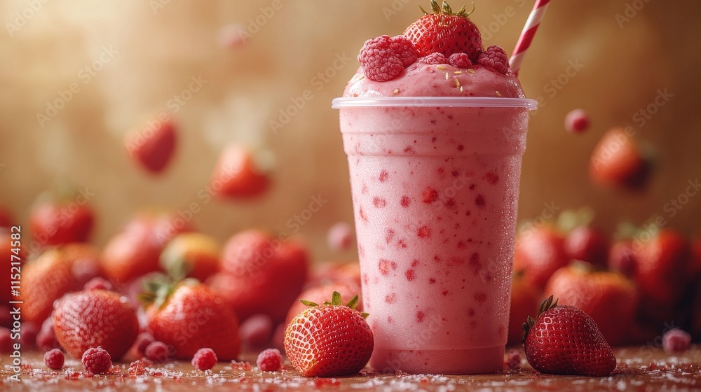 Poster a refreshing strawberry smoothie topped with fresh berries, with splashes of fruit adding a vibrant 