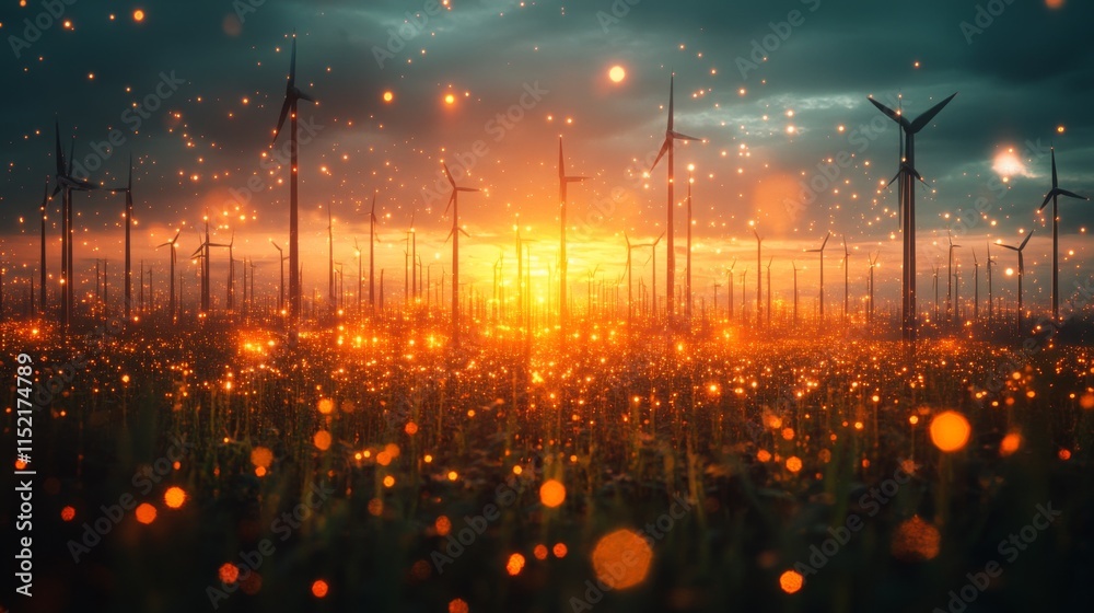 Poster a breathtaking sunset casts an orange glow over a vast field filled with wind turbines. flashes of l