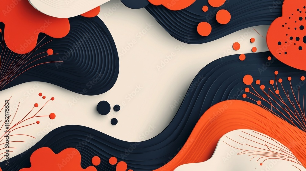 Poster modern abstract background featuring flowing shapes in red and dark blue, complemented by thin lines