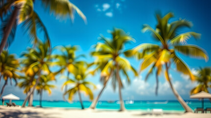 Obraz premium Blurry image of a tropical beach with palm trees, blue water, and white sand