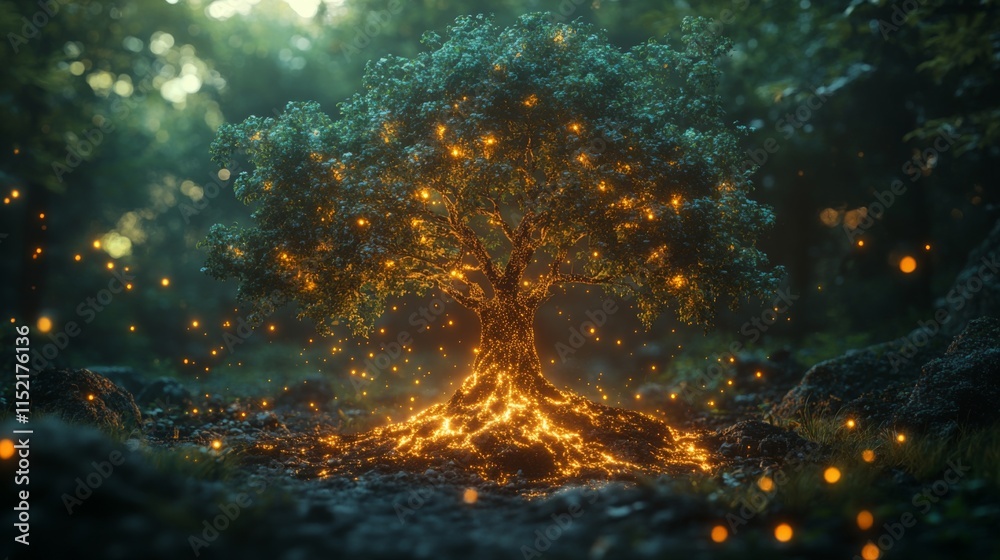 Aufkleber A stunning tree with glowing elements emanates light in a peaceful forest during twilight. The surrounding atmosphere is magical, filled with soft illumination and serenity.