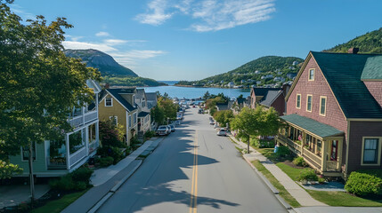 Scenic coastal street in Bar Harbor Maine with waterfront views and classic New England charm
