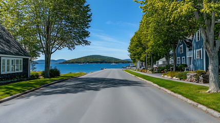 Scenic coastal street in Bar Harbor Maine with waterfront views and classic New England charm