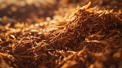 Macro shot of freshly shredded tobacco, highlighting the intricate fibers and rich brown tones, with a blurred background. 