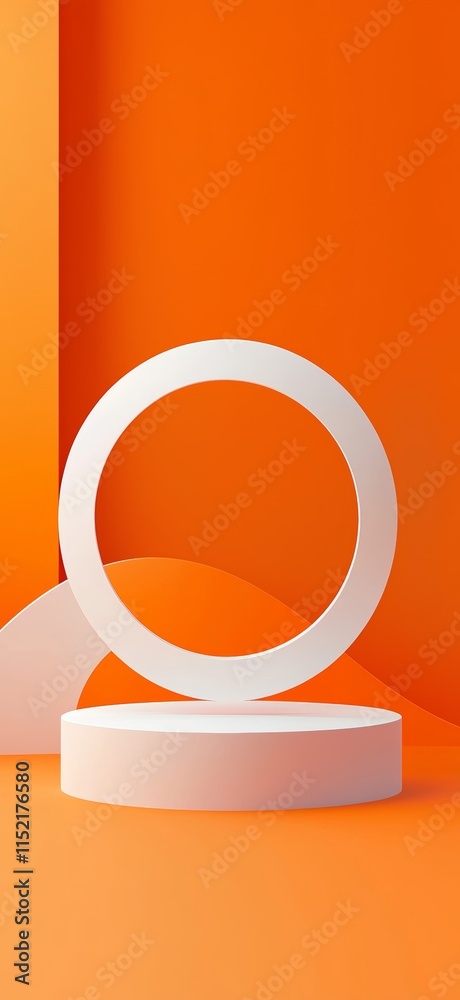 Poster white cylinder podium with circle frame is standing on orange abstract background with waves and cor