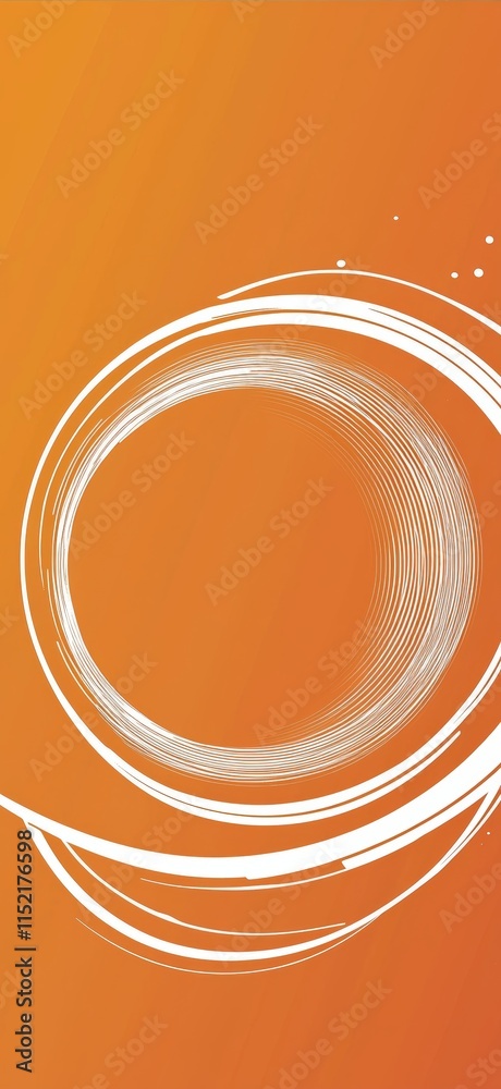 Poster White spiral lines are creating a circular shape on an orange background, forming an abstract and dynamic composition with a sense of motion and energy