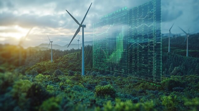 Wind turbines stand tall on a lush hillside, capturing energy as digital data overlays display performance metrics. The sun sets, casting a warm glow over the renewable energy landscape.