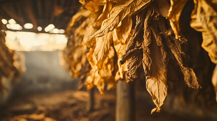 A bundle of dried tobacco leaves hanging from a wooden beam in a traditional curing barn, with warm earthy tones dominating the scene. 