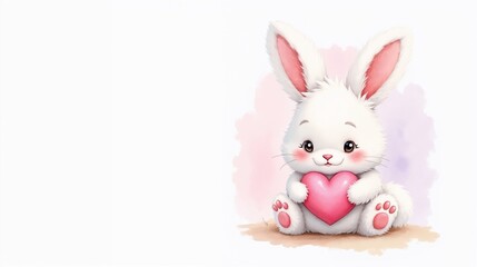 Fototapeta premium Watercolor Illustration of Fluffy Bunny Holding Pink Heart, Soft Pastel Background with Copy Space 