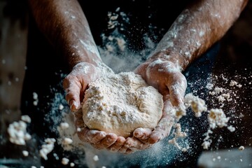 Fototapeta premium Flour dances in the air as hands knead dough for fresh bread in a rustic kitchen