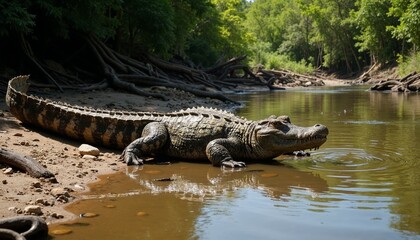 Photorealistic Crocodile Basking on Riverbank with Tail in Water, Textured Muddy Riverbed and Dense Jungle Background in Bright Sunlight 