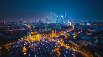 Fototapeta premium Smart digital city with connection cyber security network reciprocity over the cityscape . future smart wireless digital city and social media networking systems that connects people within the city