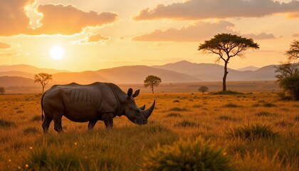 Obraz premium Photorealistic Lone Rhinoceros Grazing in Wide-Open Grassland, Warm Sunset Light and Scattered Trees on Horizon, Serene Mood 