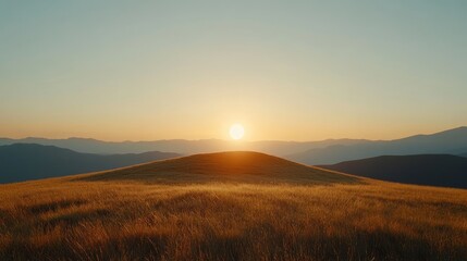 Fototapeta premium Golden Hour Hilltop Sunset - Serene sunset over rolling hills, symbolizing peace, tranquility, hope, nature, and new beginnings.